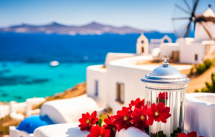 An image showcasing the enchanting island of Mykonos, adorned with iconic white windmills against a backdrop of crystal-clear Aegean waters, while exuding an irresistible charm that captivates all who visit