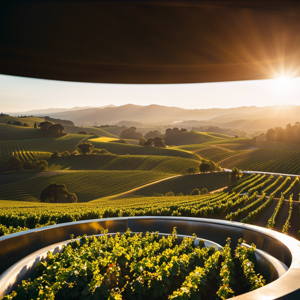 the essence of Napa Valley's viticulture paradise: a mesmerizing view from the apex of a gleaming fermentation tank, showcasing lush vineyards stretching into the horizon, framed by rolling hills and bathed in golden sunlight