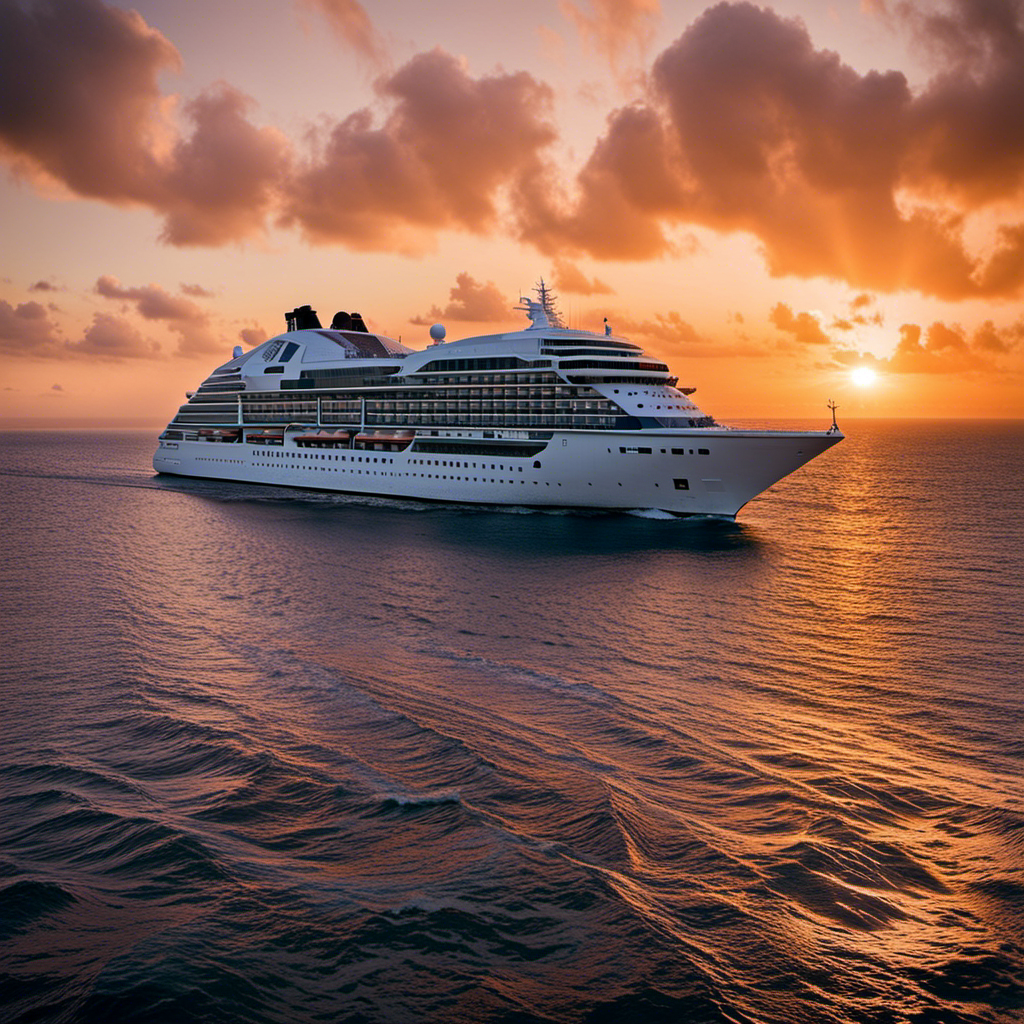 Depict Natalya Leahy, a visionary leader, steering Seabourn's luxury cruise ship towards uncharted horizons, with a backdrop of breathtaking sunset hues dappling the serene ocean, as the ship gracefully cuts through the waves
