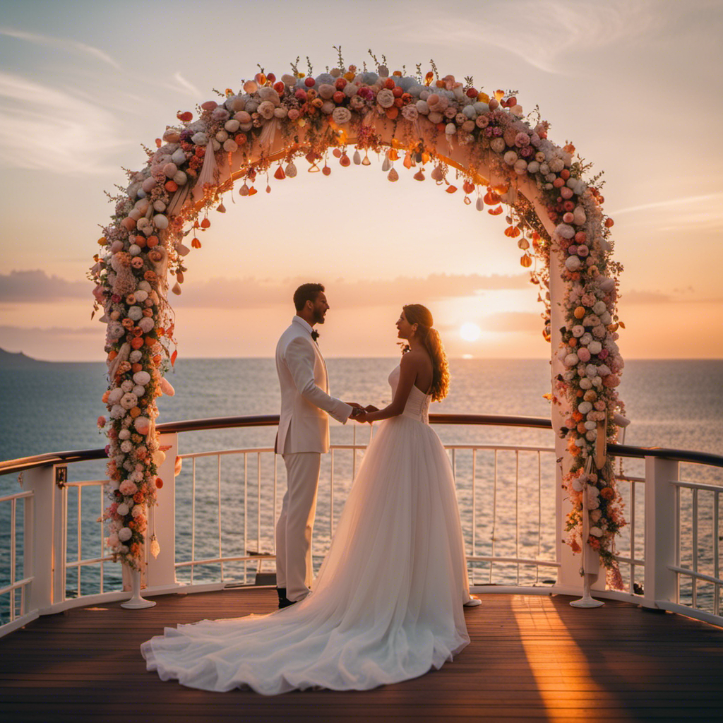 An image featuring a stunning sunset over the vast ocean, where a couple stands on the deck of a luxurious cruise ship, exchanging vows under a beautifully decorated arch adorned with delicate seashells and flowing white fabric