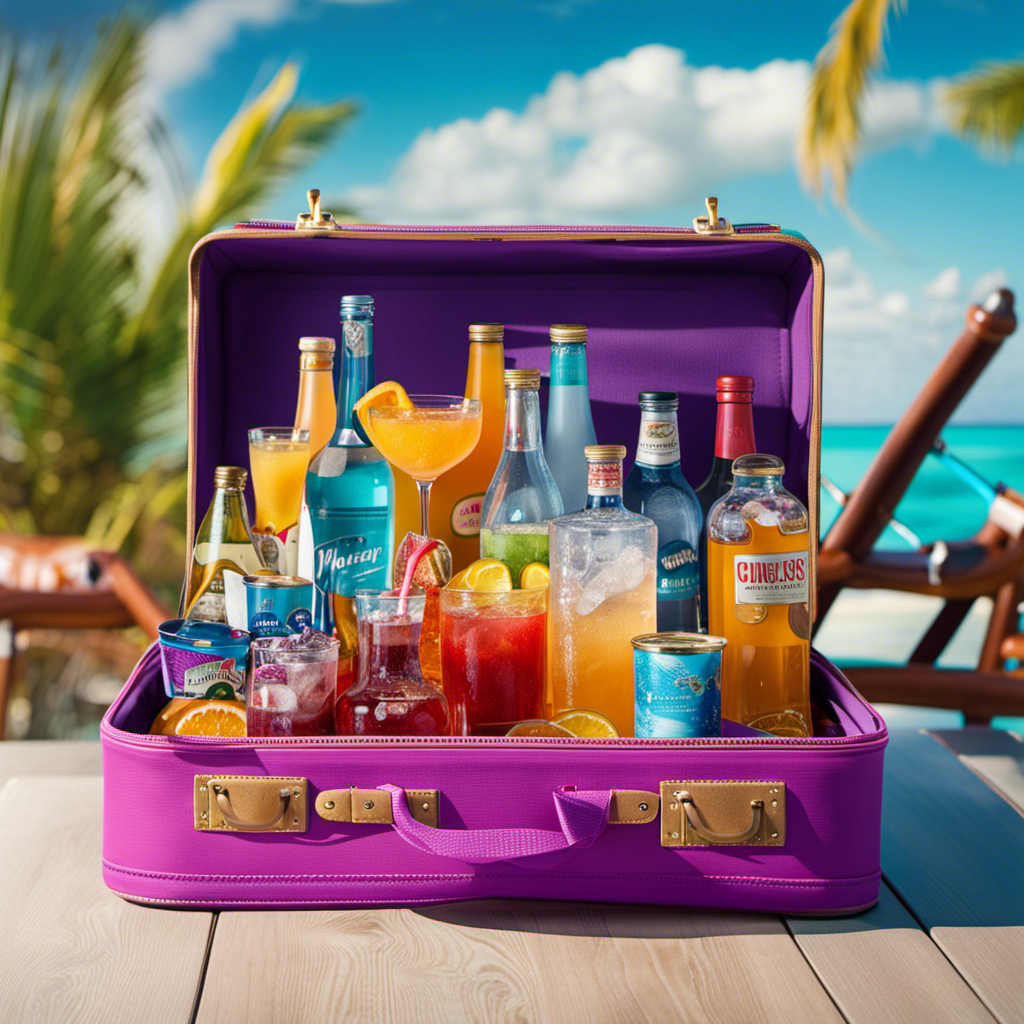An image showcasing a suitcase bursting with an array of colorful non-alcoholic beverages, wrapped in cling wrap