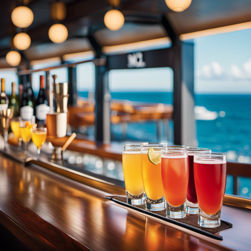 An image showcasing NCL's Beverage Package Lineup Changes: a vibrant cruise ship deck with glasses of wine and beer replaced by elegant champagne flutes and craft cocktails, symbolizing the removal of the Corks and Caps Drink Package