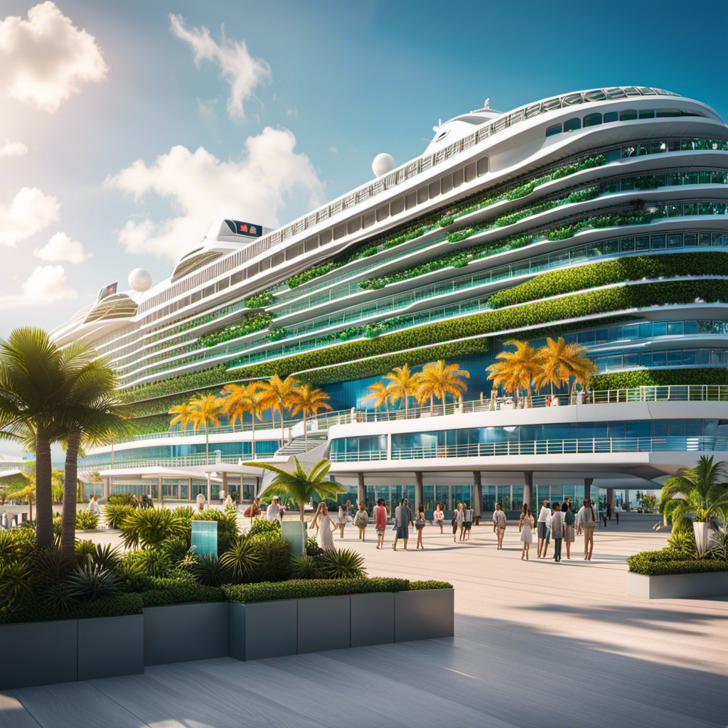 An image that portrays NCL's Sustainable Miami Terminal, adorned with sleek solar panels, lush green walls, and a sparkling blue ocean backdrop