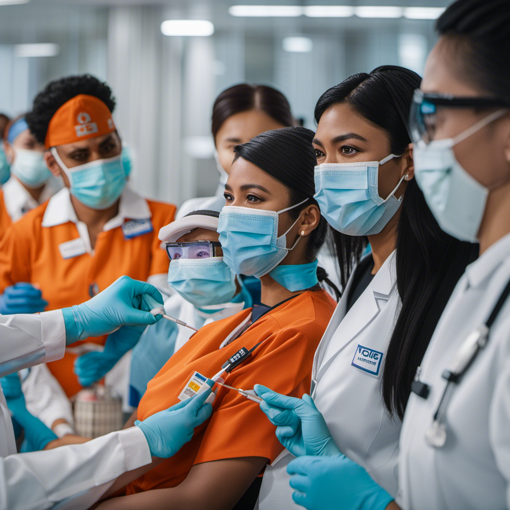 An image capturing the vibrant scene of NCL's crew members receiving vaccinations, showcasing their hopeful expressions and the meticulous safety measures in place, symbolizing a promising future for the company's safety protocols