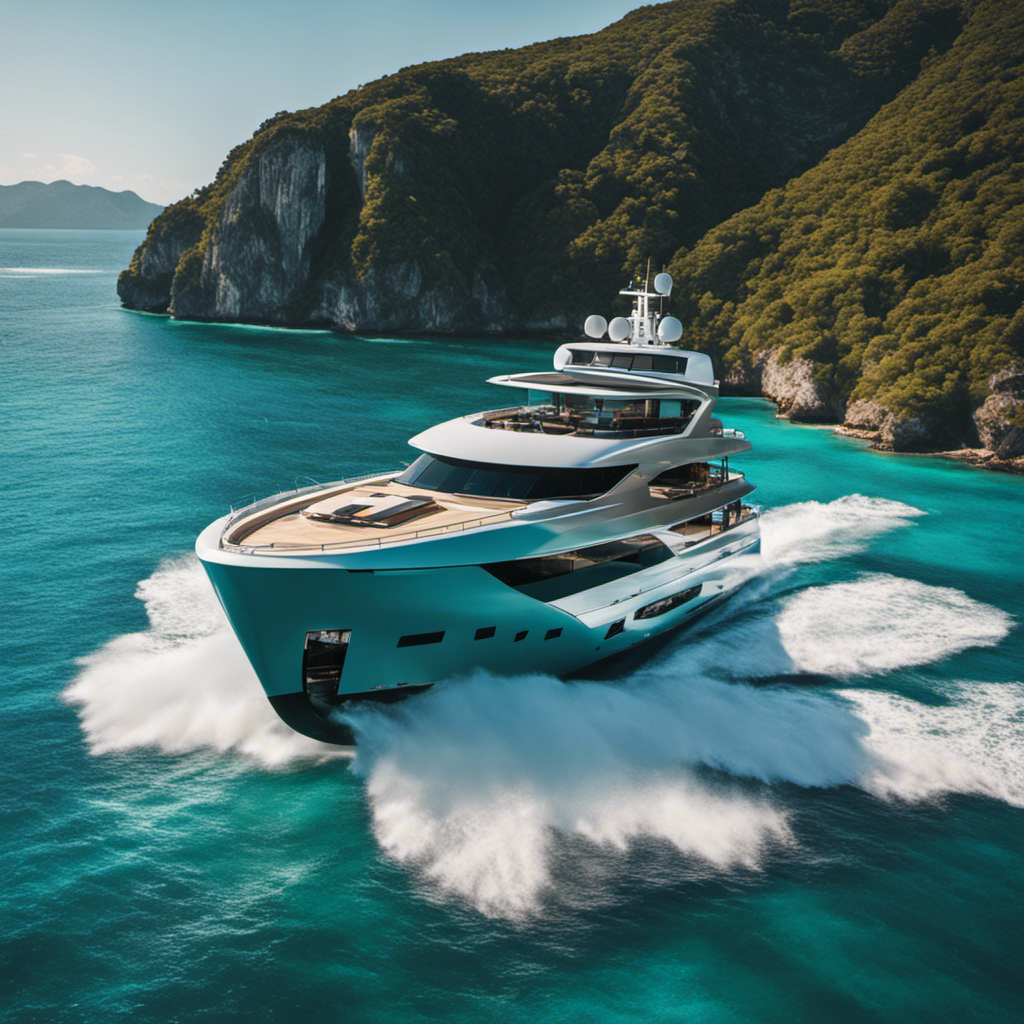 the essence of excitement and luxury as the sleek New Adventure Yacht glides through pristine turquoise waters, with breathtaking coastal landscapes in the backdrop