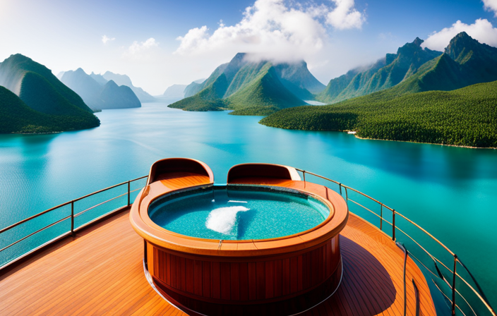 An image showcasing a luxury cruise ship sailing through the vibrant turquoise waters of Cuba, while passing by the picturesque Canadian Rockies and the breathtaking Great Lakes with their majestic waterfalls