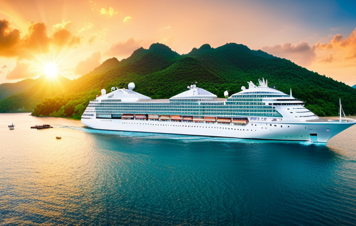 An image of a luxurious cruise ship gliding through turquoise waters, surrounded by lush green islands