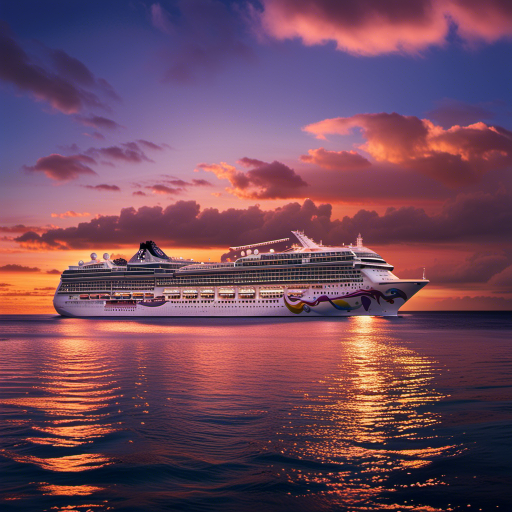 An image showcasing the luxurious Norwegian Jewel cruise ship at sunset, its shimmering lights reflecting off the calm ocean waters