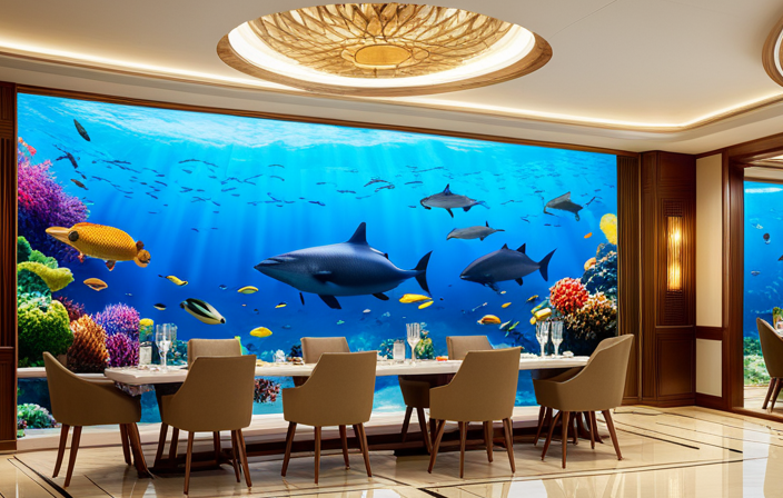 An image showcasing a stunning mural of vibrant marine life adorning the walls of a grand cruise ship dining room, surrounded by a backdrop of lush rainforests and crystal-clear waters