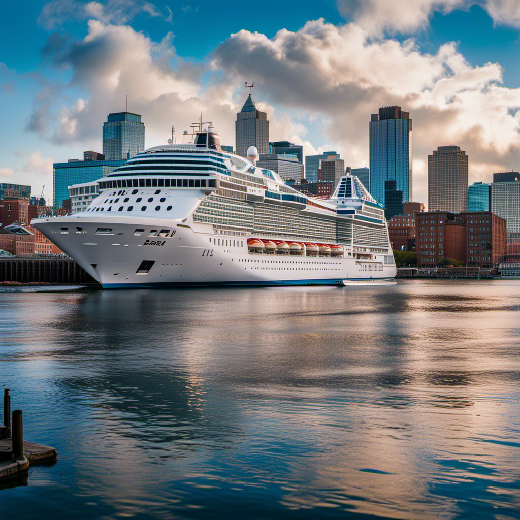 An image showcasing the majestic Celebrity Summit docked at Boston's bustling harbor, with its towering smokestacks contrasting against the vibrant city skyline, while a kaleidoscope of colorful sailboats gracefully glide past