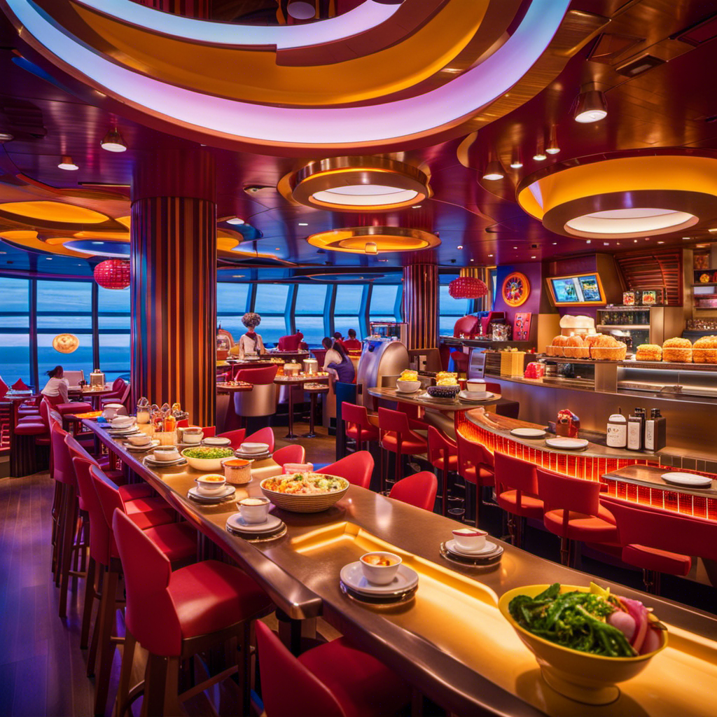 An image showcasing a vibrant, futuristic noodle shop aboard Quantum of the Seas, adorned with DreamWorks characters