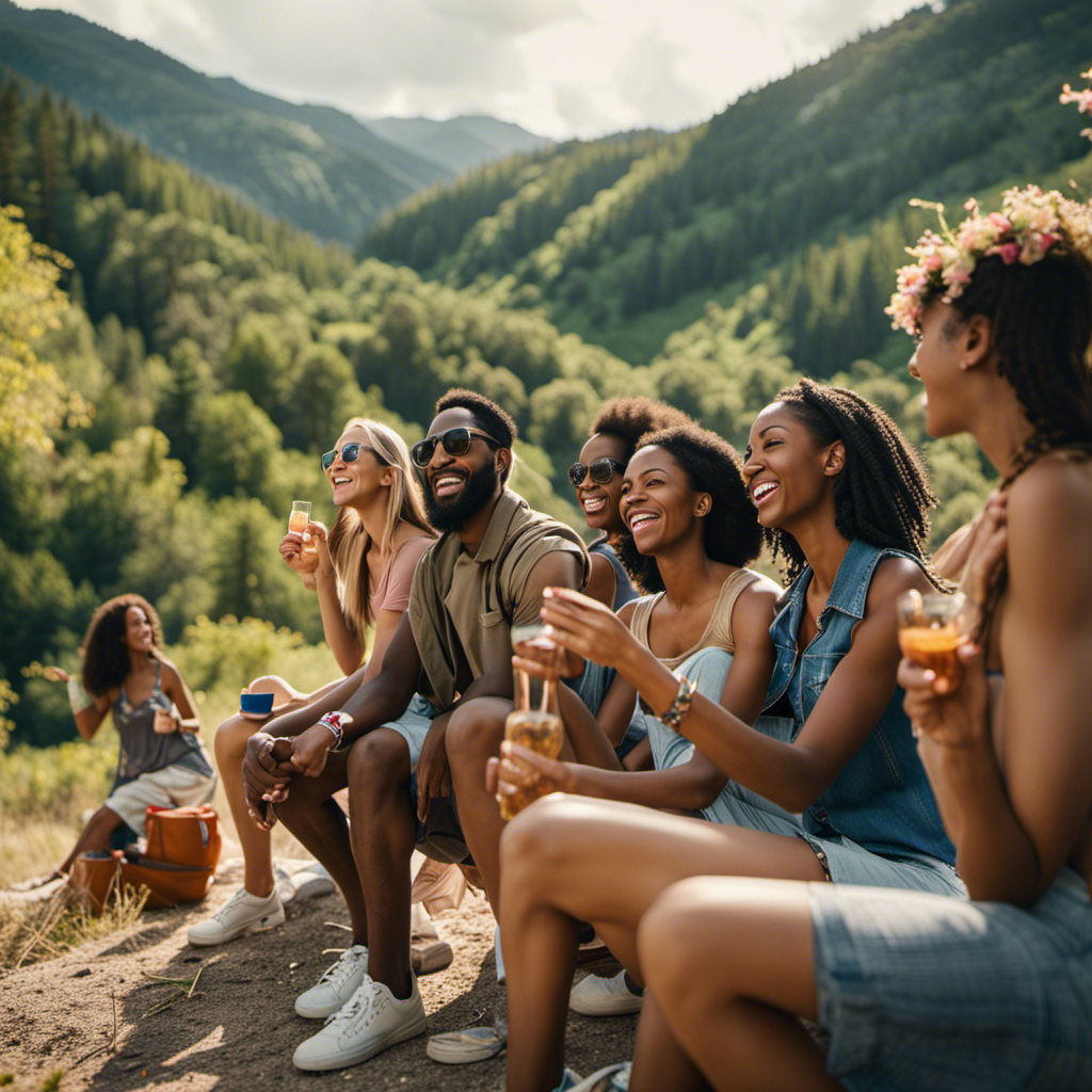 An image depicting a diverse group of unvaccinated individuals enjoying a scenic outdoor excursion, emphasizing their newfound freedom