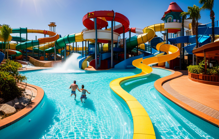 An image showcasing a vibrant water park with thrilling slides, a splash zone, and a lazy river, surrounded by happy children and families enjoying the new features on Disney's latest ship