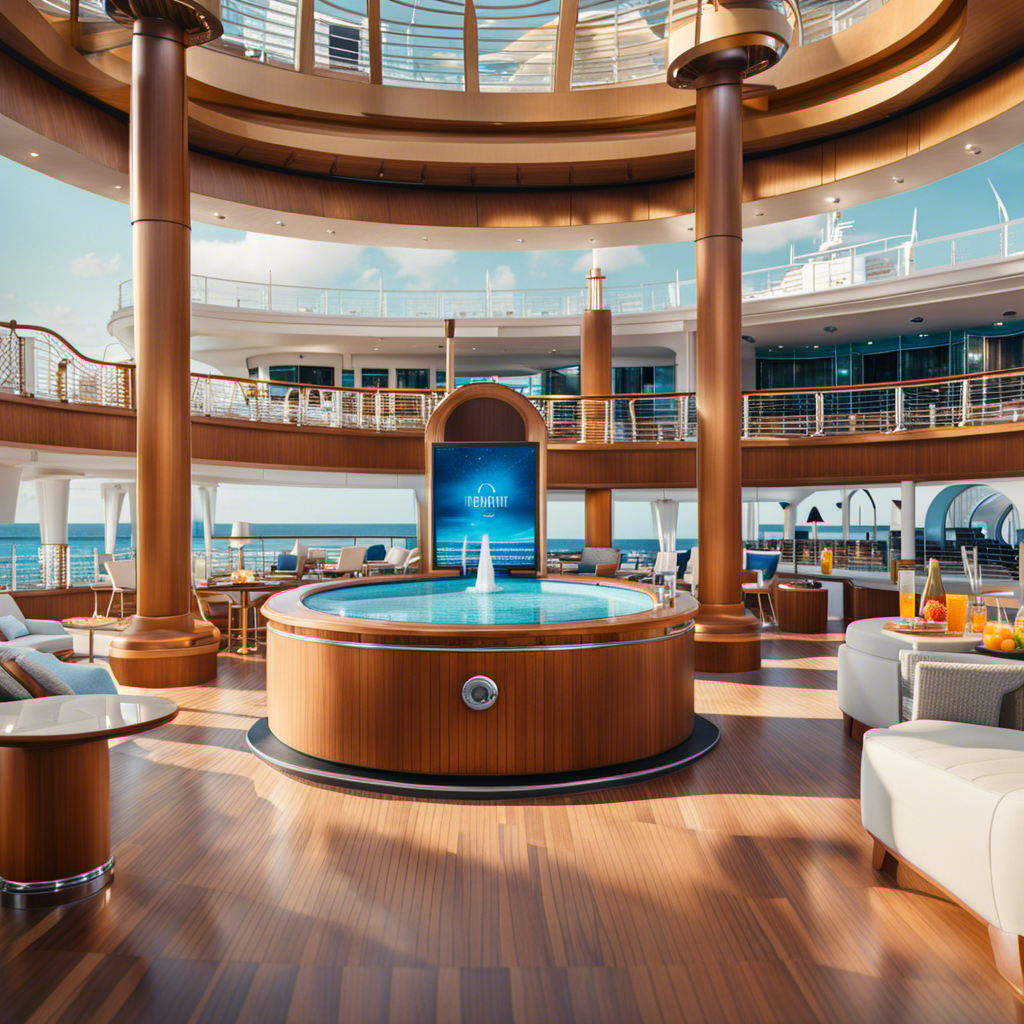 An image showcasing a spacious and modern ship deck, adorned with hand-sanitizer stations strategically placed near elegant dining areas, sun loungers, and recreational activities, embodying Royal Caribbean's new health protocols