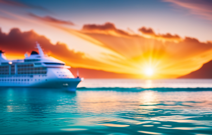 An image showcasing a vibrant sunset over a sparkling turquoise ocean, with a towering Viking Ocean Cruises ship majestically sailing towards an undiscovered tropical island, enticing readers to explore new itineraries and destinations