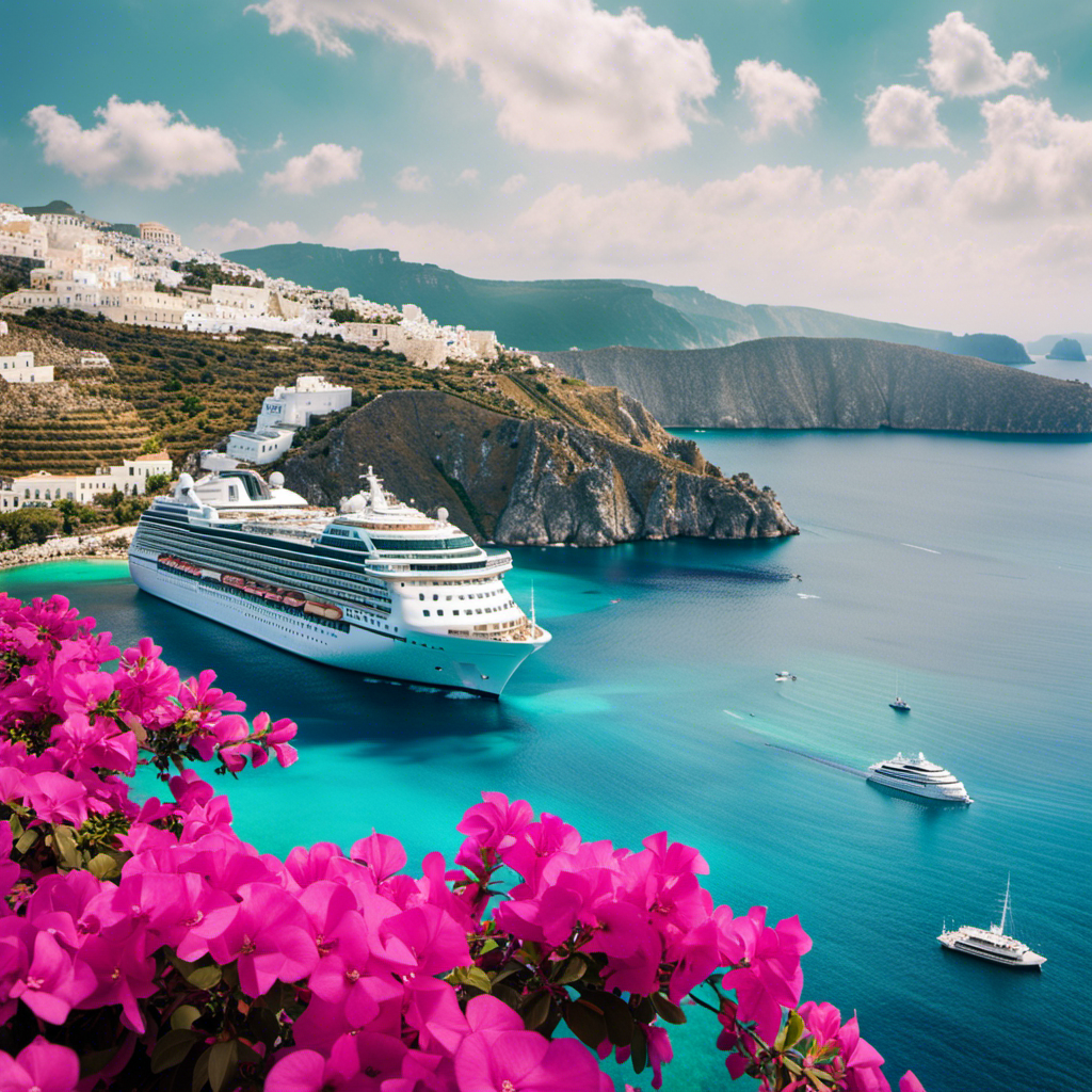 An image featuring a luxurious cruise ship gliding through the sparkling turquoise waters of the Greek Isles, adorned with vibrant bougainvillea-covered buildings, iconic white-washed cliffs, and ancient ruins, inviting readers to embark on an unforgettable Princess Cruises voyage