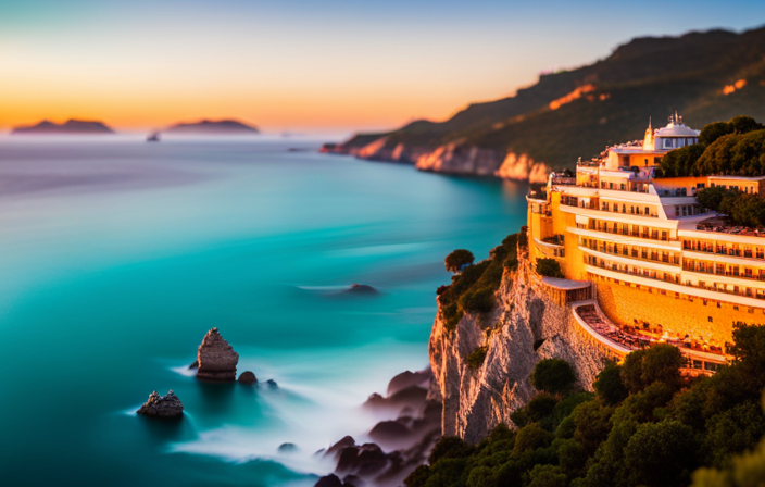 the essence of the Mediterranean by showcasing a luxurious cruise ship sailing through crystal-clear turquoise waters, framed by picturesque coastal villages, vibrant sunsets, and ancient ruins perched atop cliffs
