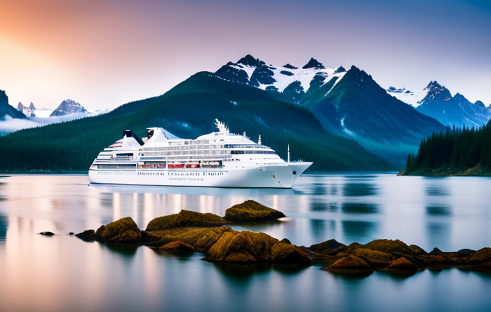 An image showcasing the elegance of a Crystal Cruises ship, docked alongside a vibrant Alaskan wilderness