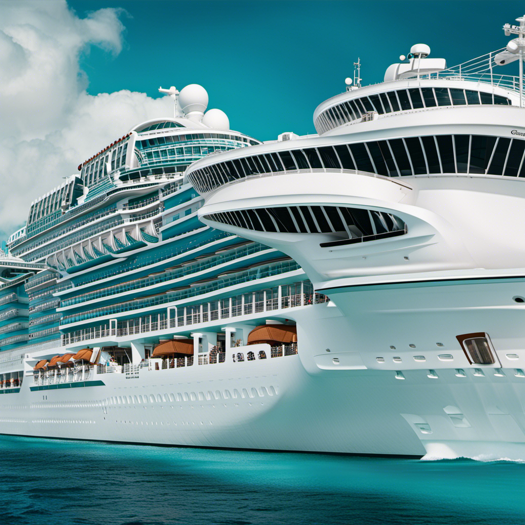 An image showcasing the elegant Grand Classica cruise ship, adorned with gleaming white exteriors, towering decks with panoramic glass windows, and a turquoise ocean backdrop, as it embarks on its journey to the tropical paradise of the Bahamas