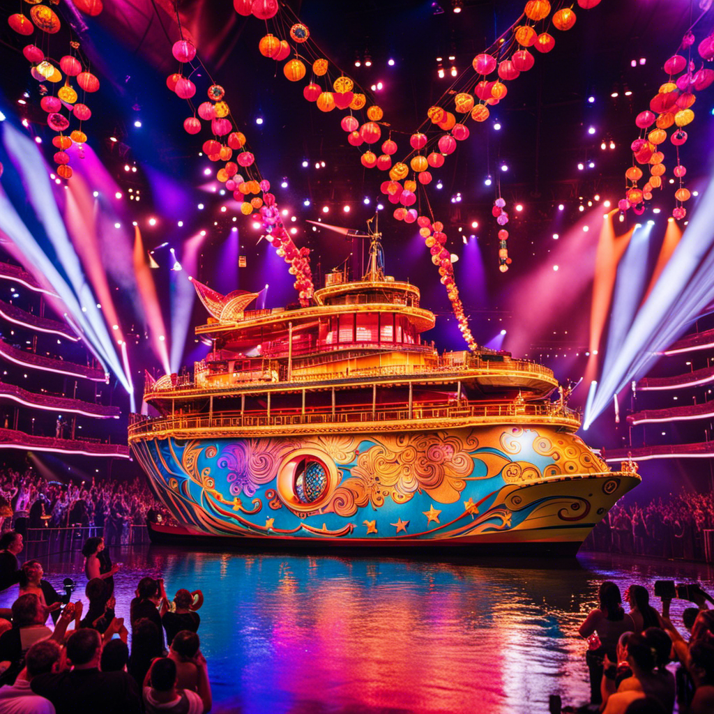 An image featuring a resplendent Chinese star christening a magnificent ship, surrounded by the vibrant colors and captivating performances of Cirque Du Soleil's Miami show, as Alaskan Dream Cruises unveils their enhanced itineraries