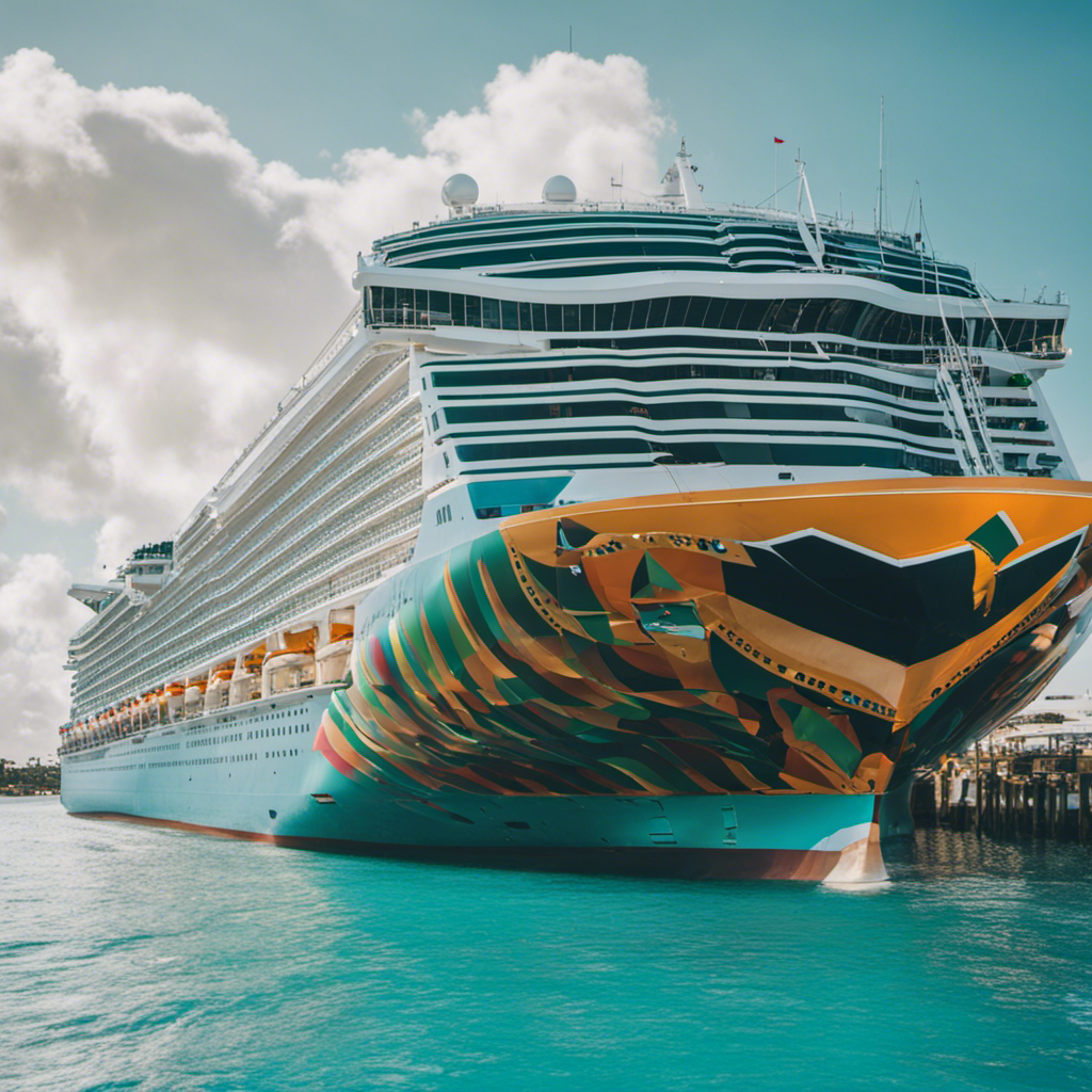 the vibrant scene at the Port of Palm Beach as a majestic cruise ship, adorned with colorful flags and towering smokestacks, gracefully glides through the glistening turquoise waters towards the enchanting Bahamas