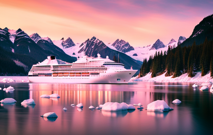 the sheer grandeur of an Alaskan landscape with a majestic cruise ship gliding through icy waters, symbolizing resilience and new beginnings