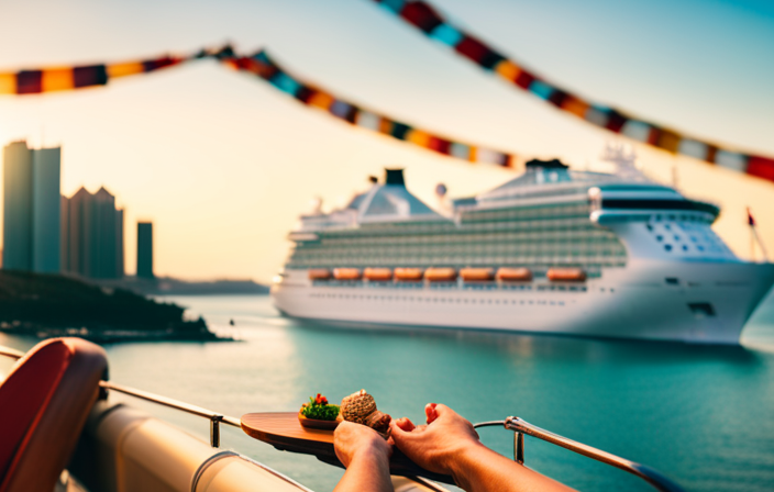 An image showcasing a luxurious cruise ship adorned with vibrant banners, surrounded by happy vacationers enjoying various activities