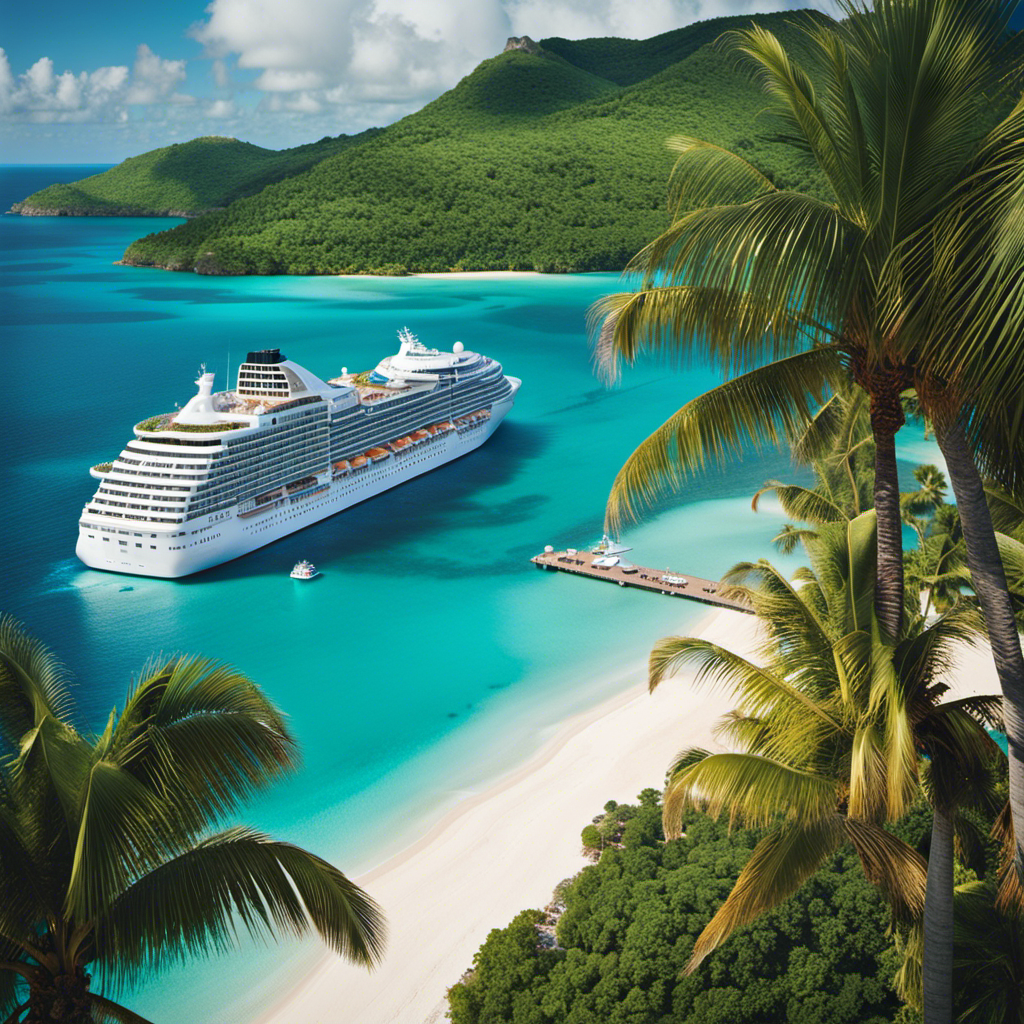 An image showcasing American Cruise Lines' latest updates with sleek new ships sailing through turquoise Caribbean waters, surrounded by vibrant tropical islands, as passengers enjoy luxurious amenities and panoramic views