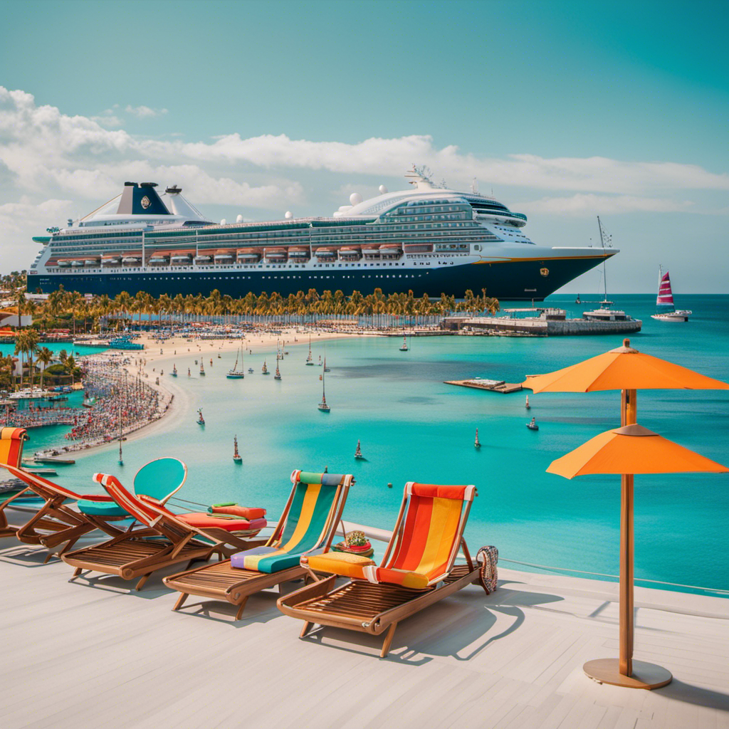 An image showcasing a luxurious cruise ship gliding through crystal-clear turquoise waters, adorned with vibrant deck chairs and umbrellas