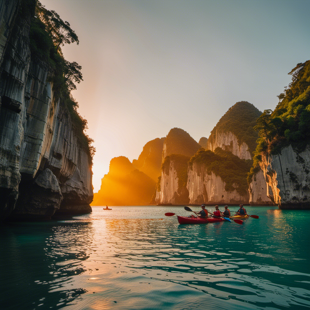 a vibrant sunset casting a golden glow on a group of intrepid travelers, kayaking through crystal-clear waters, effortlessly gliding past towering limestone cliffs and hidden coves, discovering the untouched beauty of an exotic island paradise