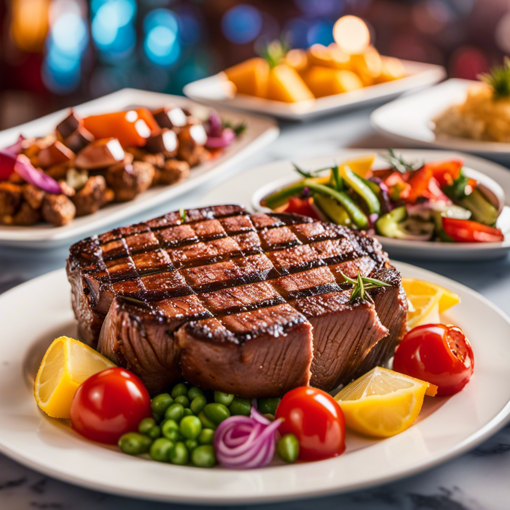 An image that showcases the succulent sizzle of perfectly grilled steaks, adorned with mouthwatering sauces and accompanied by a vibrant array of fresh, colorful side dishes, set against the backdrop of an elegant Carnival Cruise Line dining room