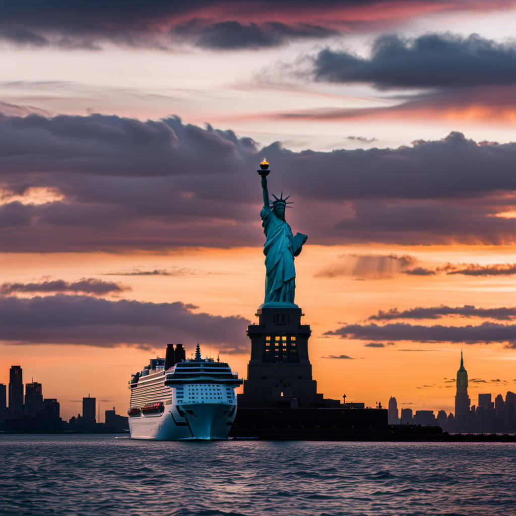An image capturing the majestic silhouette of Norwegian Breakaway, towering against the iconic New York City skyline at sunset, with the Statue of Liberty standing proudly in the foreground