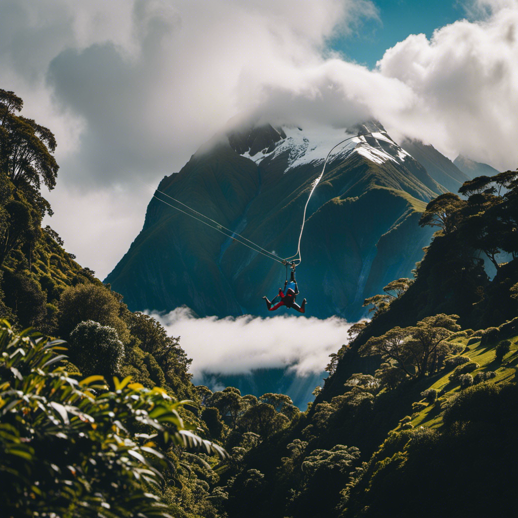 the essence of New Zealand's natural wonders and exhilarating escapades in a single frame: A snow-capped mountain peak piercing the clouds, a gushing waterfall cascading through lush rainforest, and a daring bungee jumper defying gravity