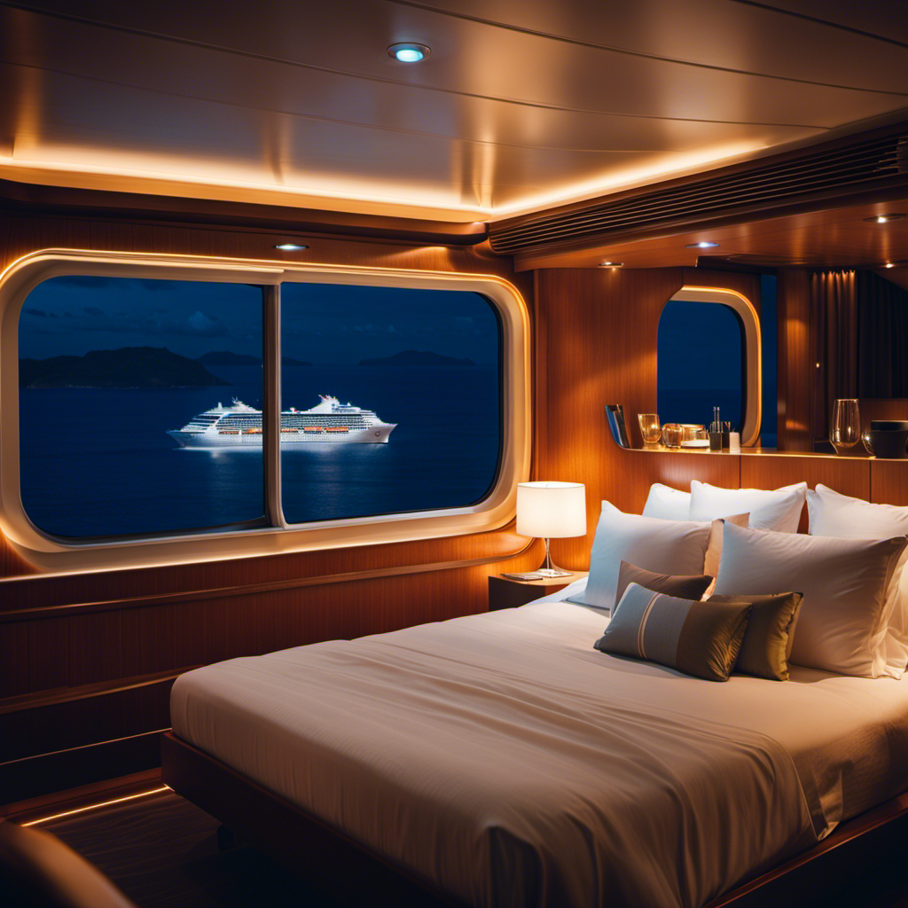 An image of a serene cruise ship cabin at night, featuring a cozy Nod Pod sleep system with plush bedding, soft lighting, and a peaceful ocean view through a large window