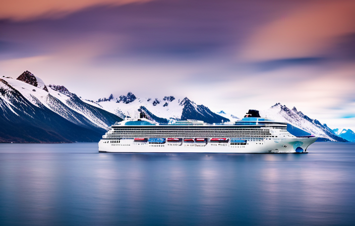 An image capturing the grandeur of Norwegian Bliss, adorned in icy tones against a breathtaking backdrop of snow-capped mountains