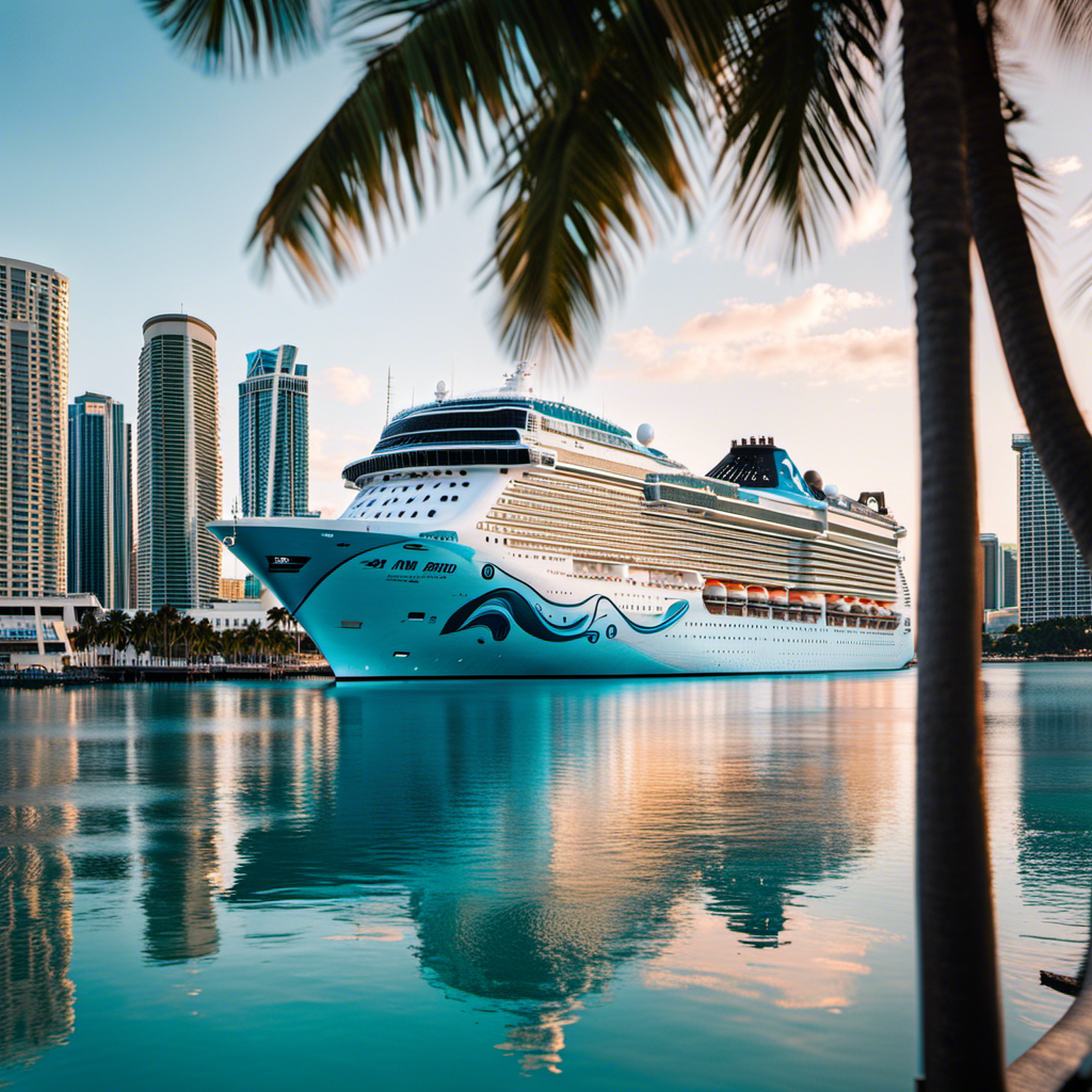 An image showcasing Norwegian Bliss's Miami homeport: a vibrant, bustling port with towering palm trees lining pristine beaches
