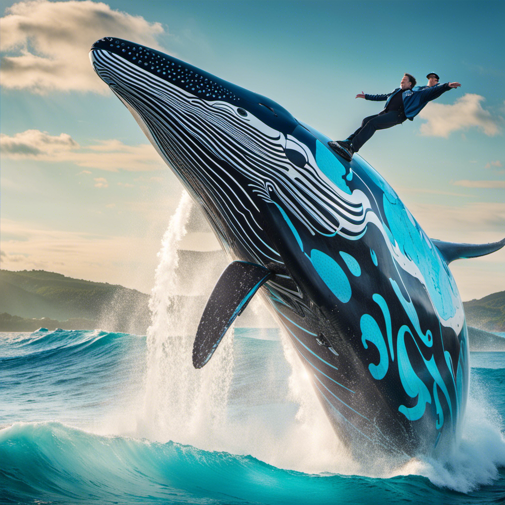 An image that showcases the awe-inspiring hull art of Norwegian Bliss, featuring a majestic, life-sized humpback whale gliding gracefully through vibrant turquoise waves, surrounded by intricate oceanic motifs and sheer elegance
