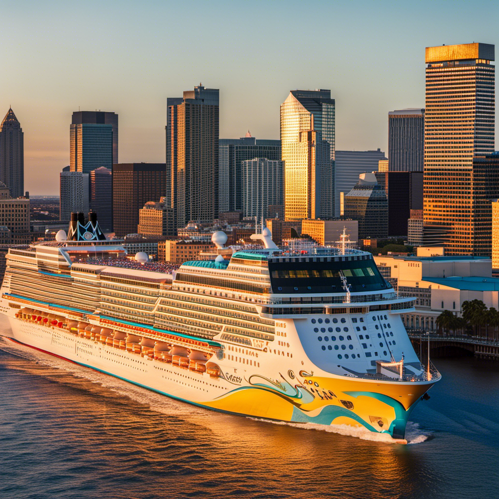 An image showcasing the Norwegian Breakaway towering over New Orleans' vibrant skyline, with its sleek white hull reflecting the golden rays of the setting sun, surrounded by the bustling energy of the city's famous French Quarter