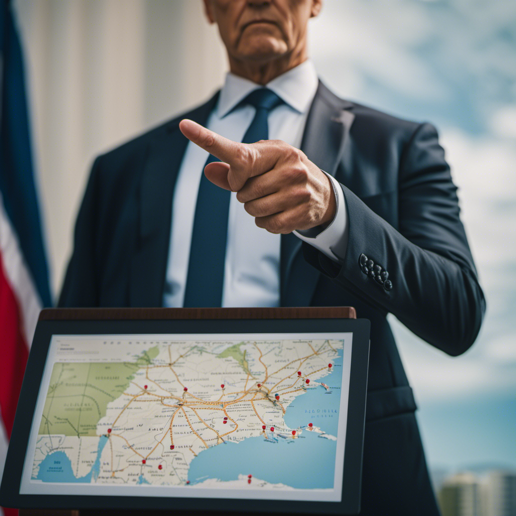 An image showcasing a powerful Norwegian CEO standing tall, dressed in a sleek suit, fiercely pointing a finger at a map of Florida, symbolizing their disapproval of the state government's handling of the vaccine battle