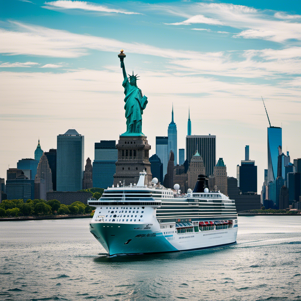 An image showcasing a vibrant Norwegian cruise ship gliding along the sparkling blue waters of the Statue of Liberty, surrounded by the iconic New York City skyline, symbolizing Norwegian Cruise Line's new focus on US departures