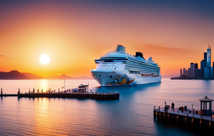 An image showcasing a vibrant Norwegian Cruise Line ship sailing into the sunset, with recognizable Nickelodeon characters bidding farewell on the dock, capturing the end of their partnership