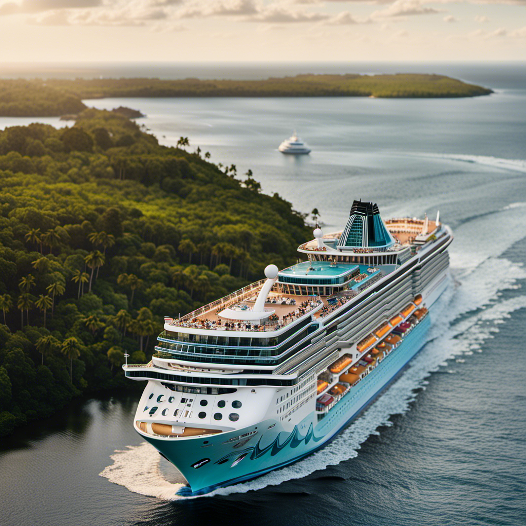 An image showcasing a majestic Norwegian cruise ship sailing against Florida's iconic coastline