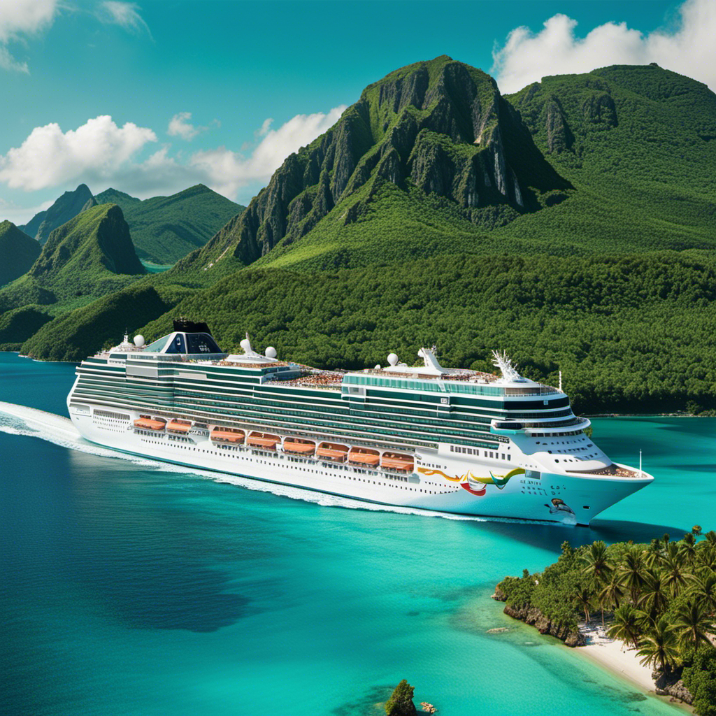 An image of a luxurious Norwegian Cruise Line ship gliding through crystal-clear turquoise waters, surrounded by lush tropical islands