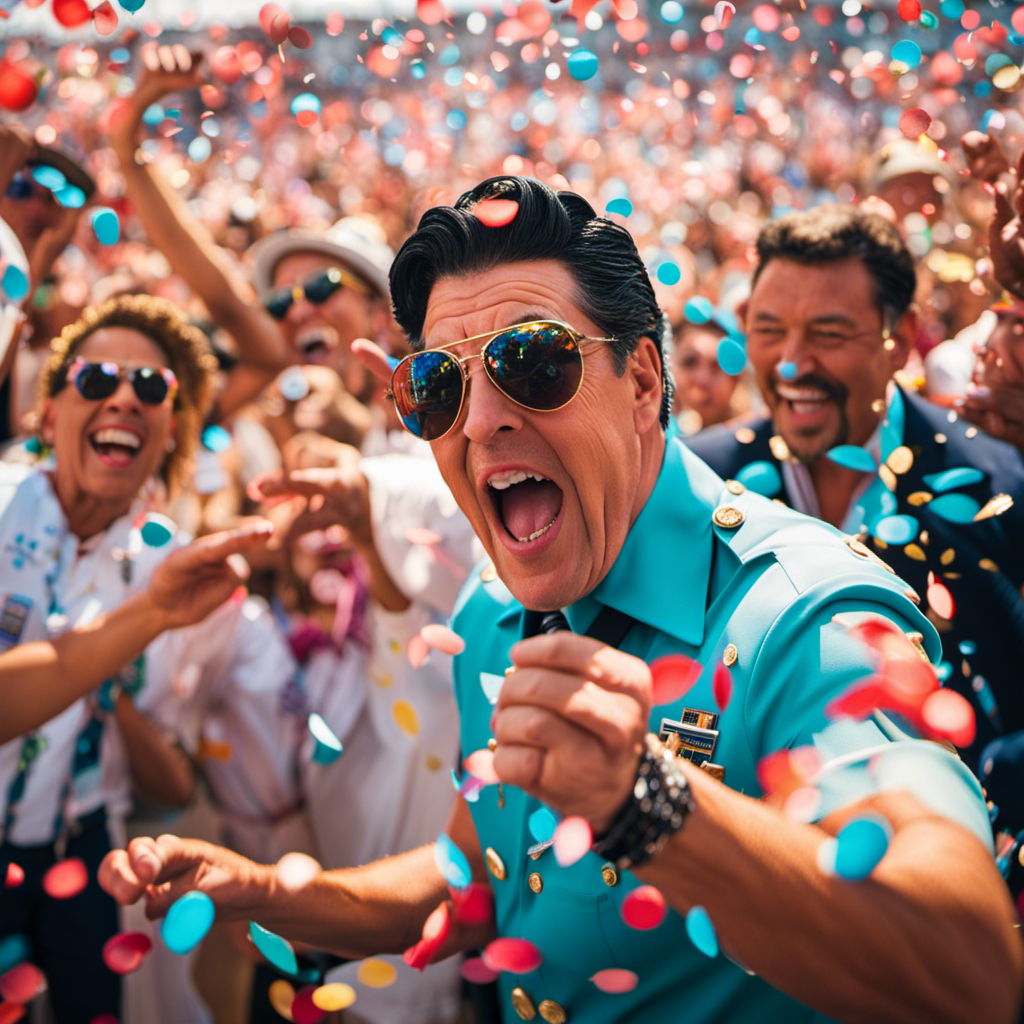 An image capturing the vibrant celebration onboard a Norwegian Cruise Line ship, as educators are honored and Elvis Duran is appointed as the godfather