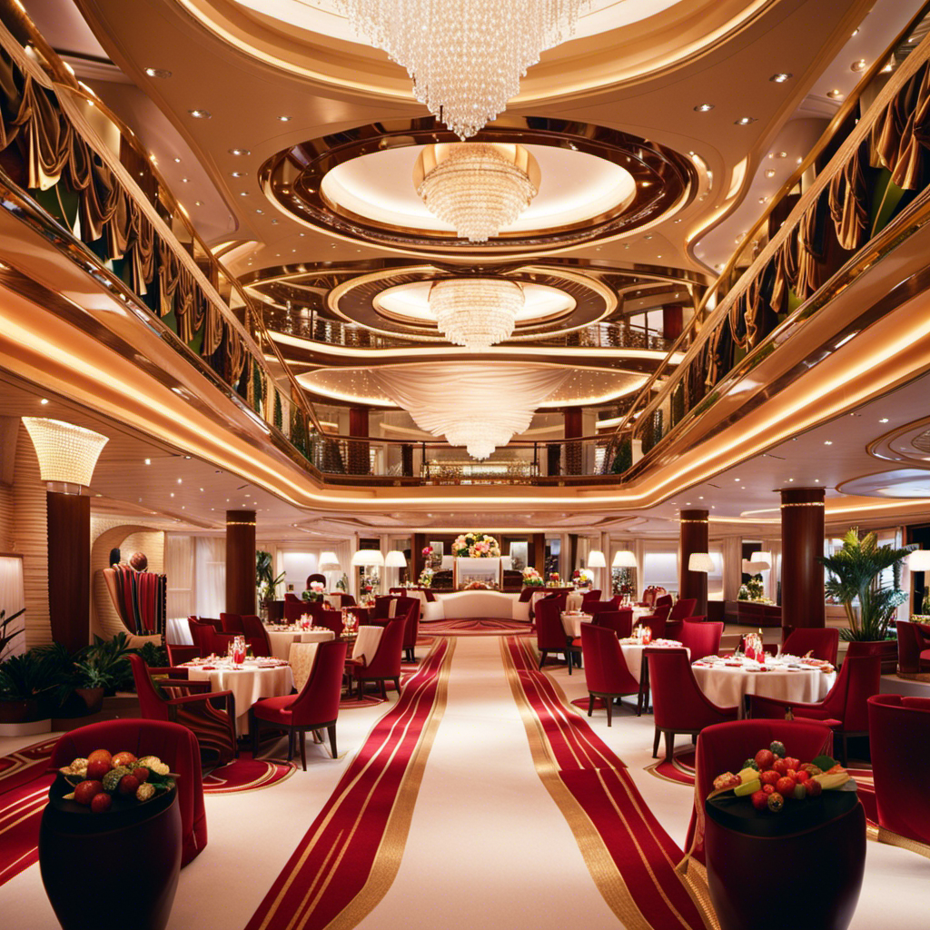 An image showing a luxurious cruise ship, adorned with elegant decorations, where happy passengers are served by attentive crew members wearing pristine uniforms