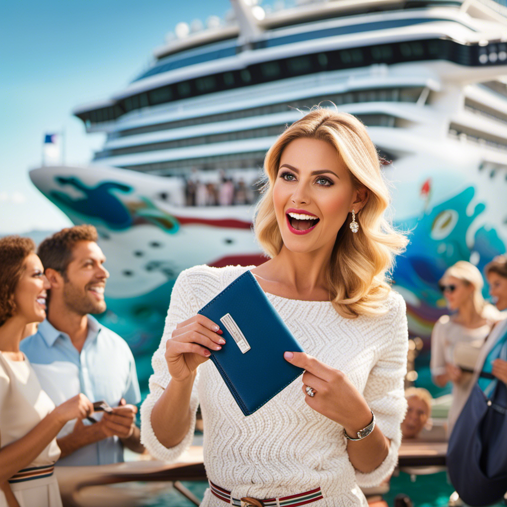 An image that captures the essence of Norwegian Cruise Line's increased service charges, portraying cruise passengers looking surprised while holding their wallets, with a cruise ship in the background