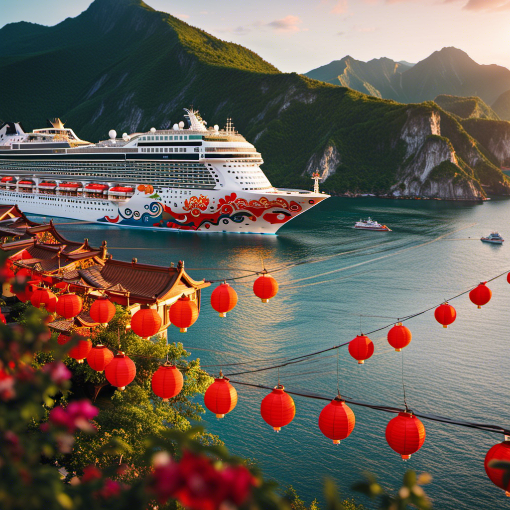 An image showcasing the vibrant Norwegian Joy ship sailing on China's picturesque coastline, adorned with traditional Chinese lanterns illuminating the deck, while passengers indulge in authentic Chinese cuisine and enjoy cultural performances