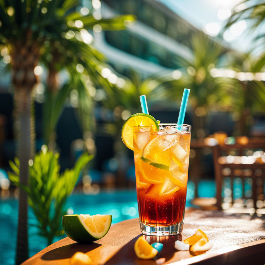 An image showcasing a sun-kissed poolside deck on a Norwegian Cruise Line ship, where guests sip from ice-cold Coca-Cola glasses adorned with glistening condensation, surrounded by vibrant tropical plants