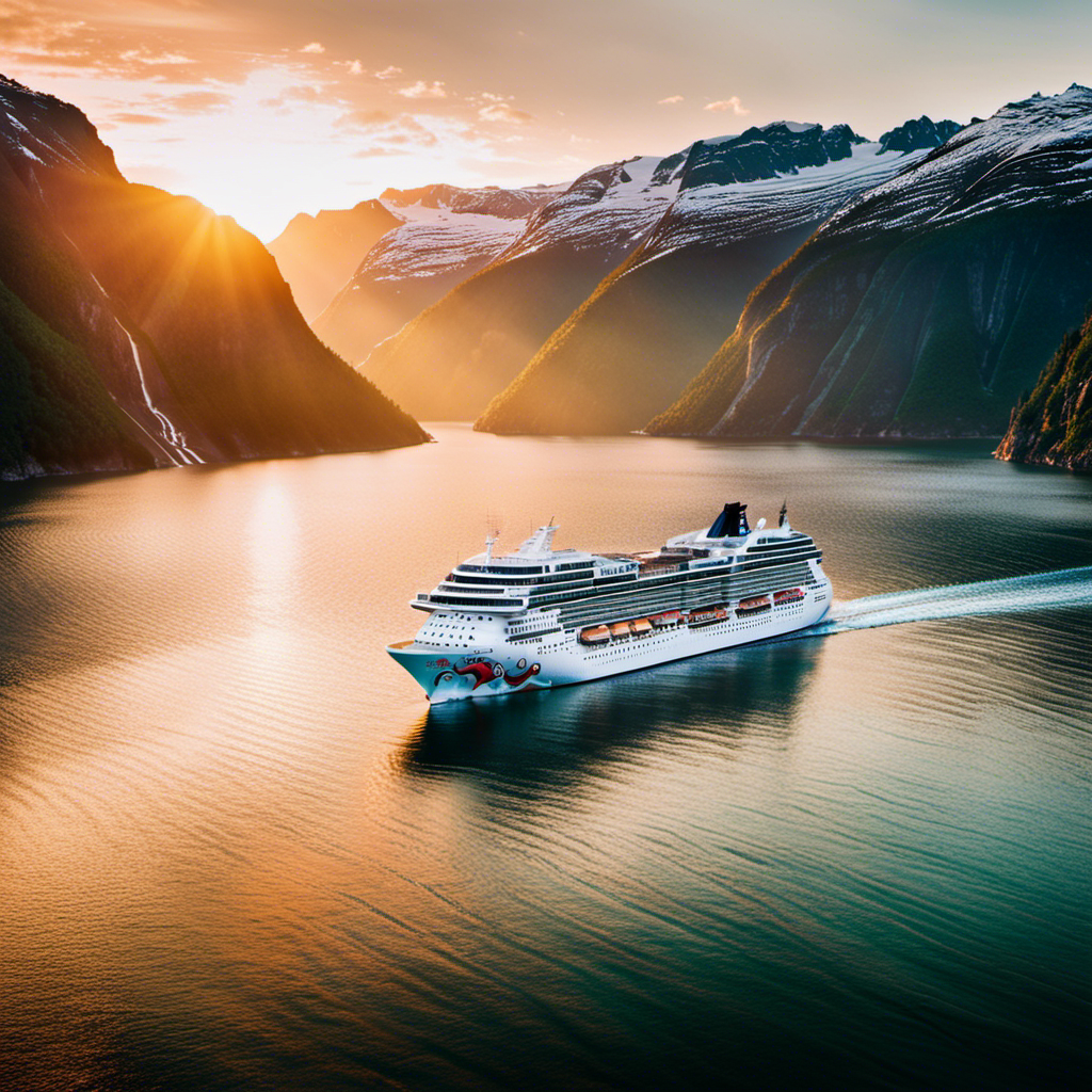 An image showcasing a vibrant sunset over the emerald waters of the Norwegian fjords, with a majestic Norwegian Cruise Line ship sailing towards towering cliffs, promising thrilling adventures in picturesque destinations