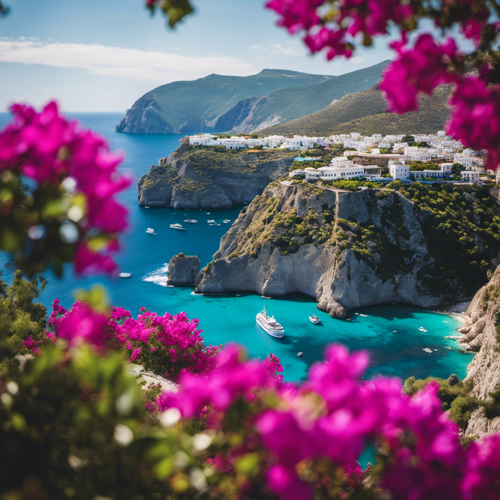 An image showcasing the stunning coastline of Greece, with a Norwegian Cruise Line ship majestically sailing through turquoise waters, framed by rugged cliffs, whitewashed villages, and vibrant bougainvillea cascading down the hillsides
